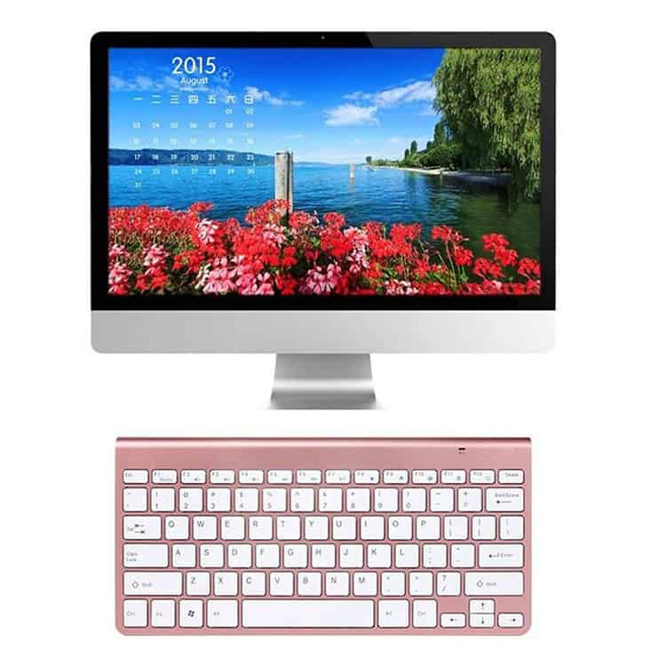 Wireless Mini Keyboard Mouse Combo for Notebook Desktop Computer 9 Desktop Computer With Scenic Lake And Flower Wallpaper, Pink Wireless Keyboard, Modern Electronic Device, Digital Workspace, Technology Accessories, Modern Computer Setup, Peaceful Nature Background For Productivity, High-Tech Equipment, Stylish Office Electronics, Vibrant Outdoor Scene, Digital Image For Tech And Nature Themes, Desktop Monitor With Water And Flowers, Computer Accessories For Office Or Home.