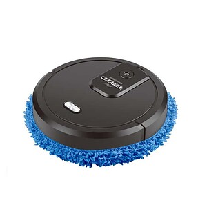 Robot vacuum cleaner with mop, black and blue, home cleaning device, automated floor cleaner, Syndmart product image.