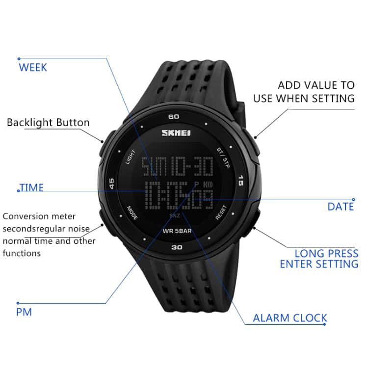 SKMEI 1219 Men's Outdoor Sports Watch - Adventure-Ready, Multi-Function, Electronic 4 Digital Sports Watch With Backlight, Date, Time, Alarm, And Multifunction Features For Active Lifestyles.