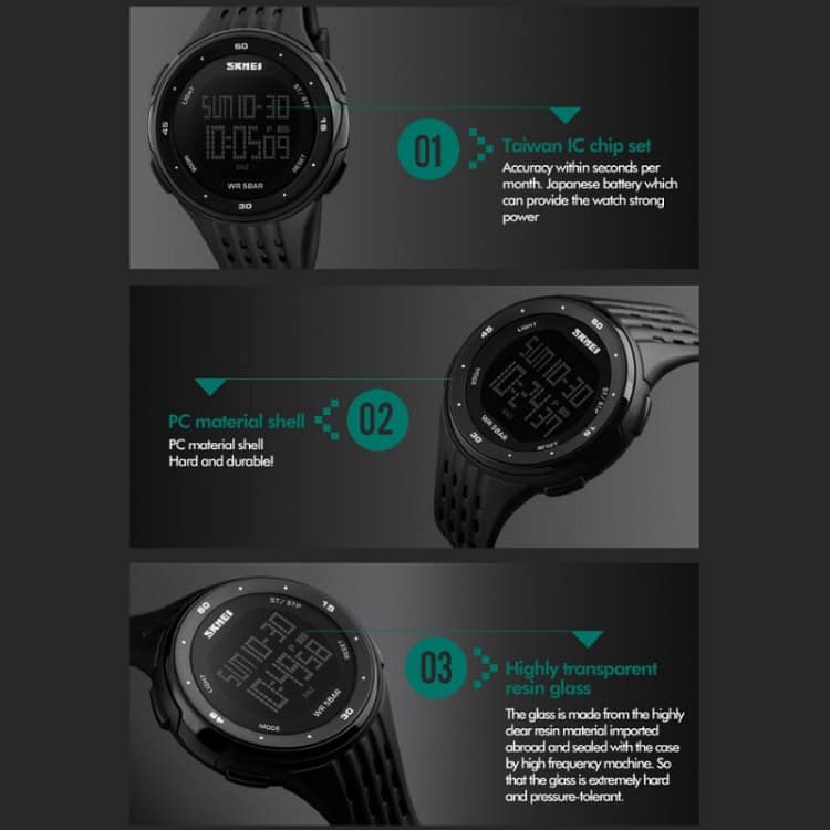 SKMEI 1219 Men's Outdoor Sports Watch - Adventure-Ready, Multi-Function, Electronic 5 Digital Sport Watch With Taiwan Ic Chip Set, Pc Material Shell, And Highly Transparent Resin Glass For Durability And Performance.