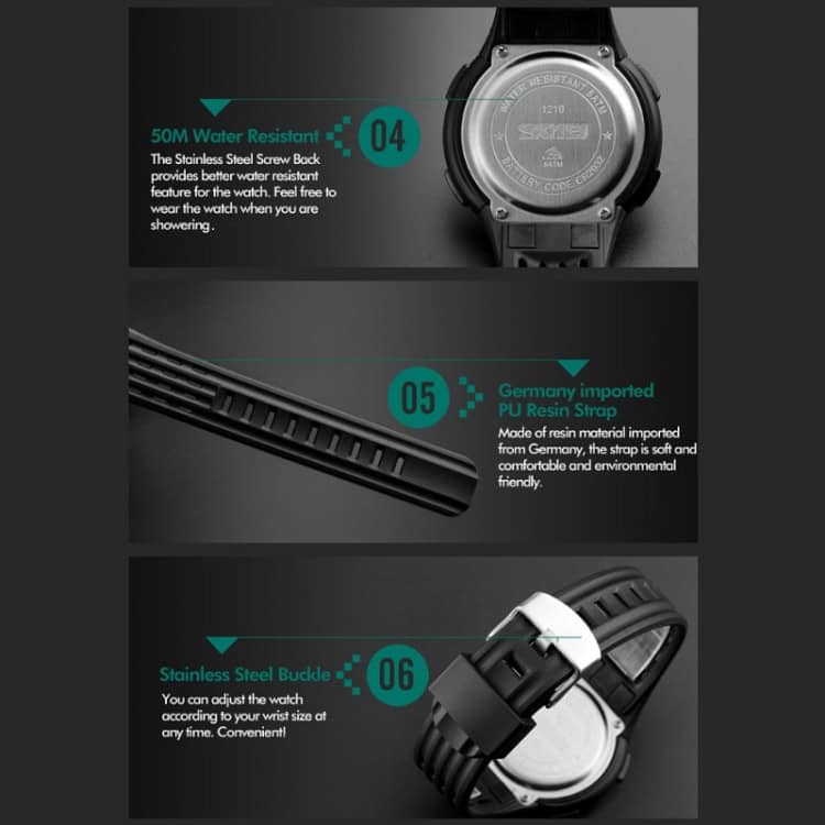 SKMEI 1219 Men's Outdoor Sports Watch - Adventure-Ready, Multi-Function, Electronic 6 Stainless Steel Watch Back With 50M Water Resistance, Germany Imported Pu Resin Strap, And Adjustable Stainless Steel Buckle For Durable, Eco-Friendly, And Versatile Timepiece Design.