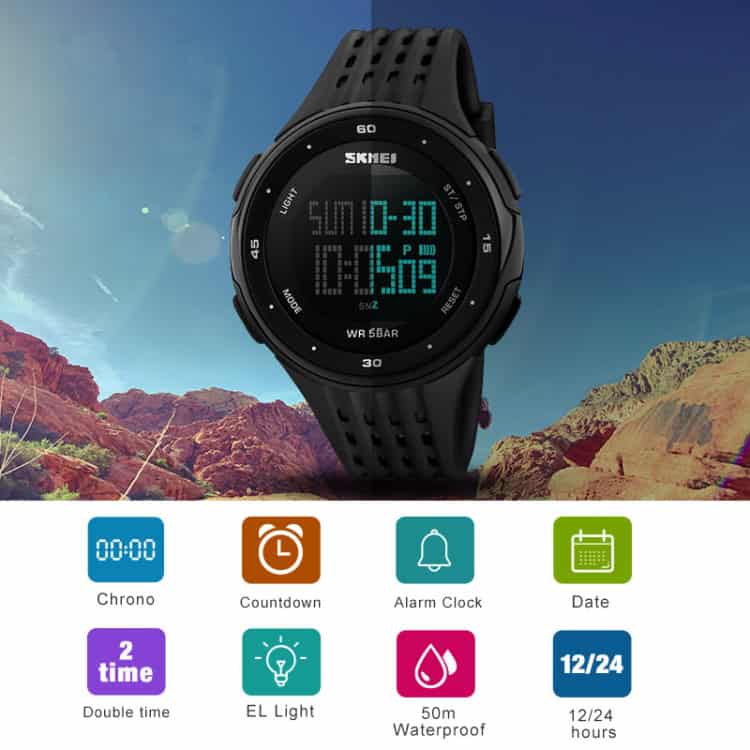 SKMEI 1219 Men's Outdoor Sports Watch - Adventure-Ready, Multi-Function, Electronic 8 Digital Sports Watch With Countdown Timer, Alarm Clock, Date Display, Dual Time, El Backlight, 50M Waterproof, And Chronograph Functions For Fitness And Outdoor Activities.