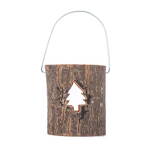 A rustic wooden lantern with a cut-out Christmas tree design and metal handle, ideal for holiday home decor and outdoor lighting. Perfect for creating warm festive ambiance.