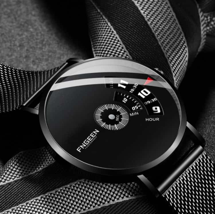 FNGEEN S230 Men's Quartz Watch - Timeless Elegance for Every Occasion 4 Fingeen Modern Black Smartwatch With Unique Dial Design Displaying Time And Date, On Textured Fabric Background, Emphasizing Stylish Wearable Technology For Fashion And Fitness Enthusiasts.