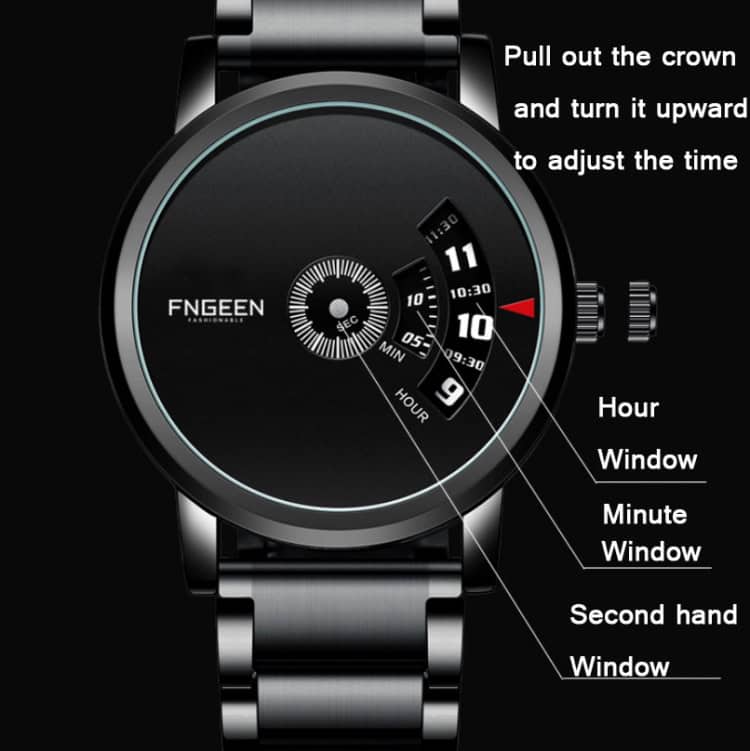 FNGEEN S230 Men's Quartz Watch - Timeless Elegance for Every Occasion 5 Pull Out The Crown And Turn It Upward To Adjust The Time On The Fngeen Wristwatch, Featuring Hour Window, Minute Window, And Second Hand Window For Precise Time Setting.