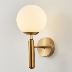 Modern brass wall sconce with frosted glass globe, minimalist lighting fixture for contemporary interiors, stylish wall-mounted light for living room or hallway, Syndmart lighting design, elegant home illumination.