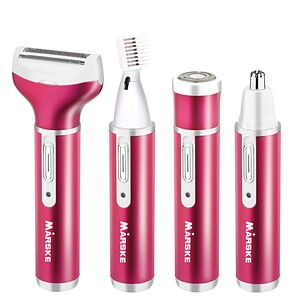 Replaceable electric personal grooming device with four interchangeable attachments, including shaver, trimmer, epilator, and precision cutter, all in a vibrant pink and white design for women and men.