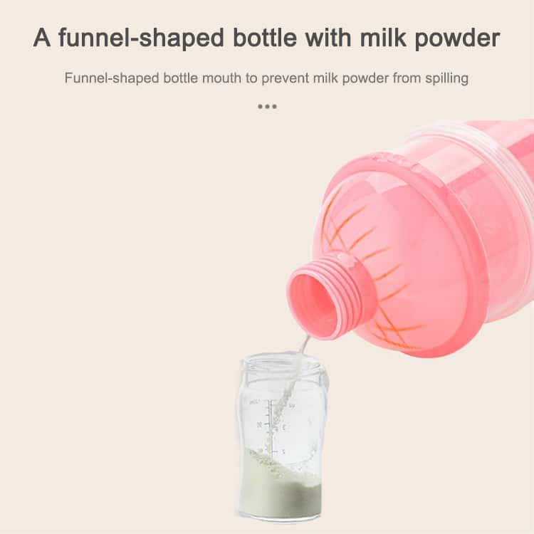 Portable Baby Milk Powder Formula Dispenser & Storage Container - Feed on the Go! 6 Funnel-Shaped Pink Bottle With Milk Powder Pouring Into A Measuring Glass, Designed To Prevent Spills; Ideal For Baby And Toddler Feeding Accessories.