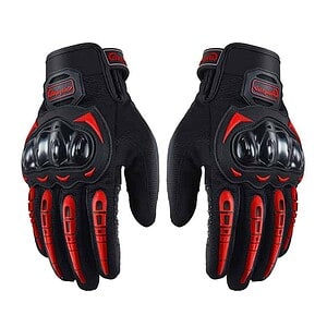 Polyurethane motorcycle riding gloves with hard knuckle protection and red black design for safety and comfort.