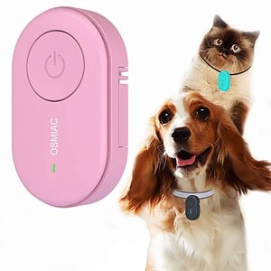 Pink GPS pet tracker device with collar and two pets, one dog and one cat, demonstrating pet tracking and safety technology.