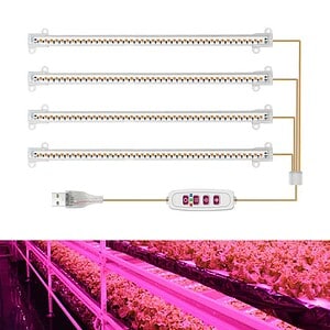 Full-spectrum LED grow lights for indoor gardening and plant cultivation, featuring multiple adjustable light bars and remote control for optimal plant growth.