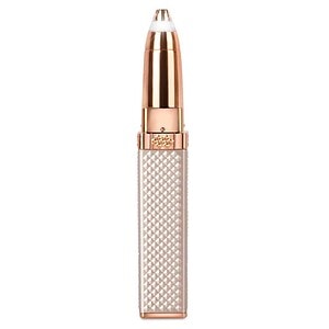 Rose gold and white LED light-up cosmetic pencil with textured grip for easy use, ideal for makeup application and beauty routines.