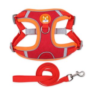 Bright red and orange pet harness with adjustable straps, reflective details, cartoon dog patch, and matching leash for secure walking and control. Perfect for small to medium dogs.