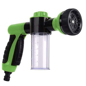 Green and black garden hose spray nozzle with adjustable settings and a water measurement container for efficient watering and garden care.