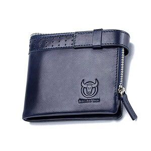 Blue leather wallet with zipper and embossed bull logo for men's accessories.