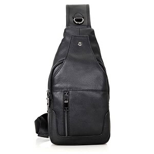 Stylish black leather sling bag with multiple zippered compartments, ideal for everyday use and travel, featuring durable material and practical design for urban professionals.