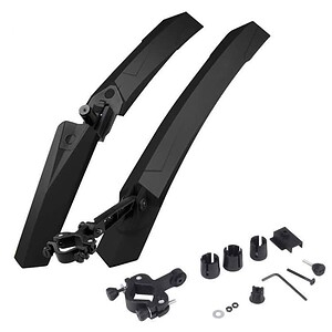 Adjustable black bike fender mudguard set with mounting hardware for bike protection and durability.