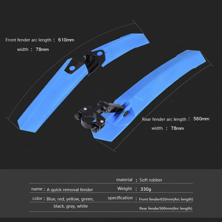 2632 Bicycle Mudguards - Quick Release, Easy Install, Universal Fit • Keep Clean On the Go 2 Front And Rear Bicycle Fenders Set For Mud And Water Protection, Made Of Soft Rubber In Blue, Red, Yellow, Green, Black, Gray, And White, Lightweight And Easy To Install.