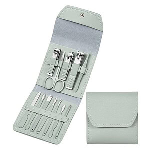Metal nail care kit with scissors, clippers, and cuticle tools in a portable pouch for manicure and pedicure essentials.