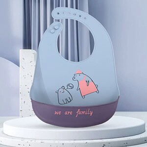 Bear-shaped silicone baby bib with cute animal illustrations, soft and absorbent for feeding time, featuring the phrase "we are family" for children.