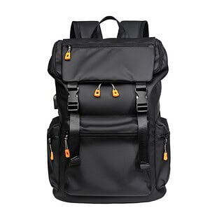 Black tactical backpack with multiple compartments, adjustable straps, and orange zipper pulls suitable for outdoor, travel, and everyday use.