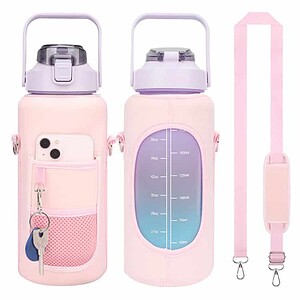 Portable water bottle with phone pocket and lanyard, perfect for outdoor activities and travel, featuring a leak-proof lid and adjustable strap for convenience.