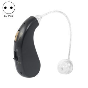 EU plug hearing aid with volume control and adjustable settings for improved hearing assistance. Compact design with a transparent earpiece for discreet use and comfort.