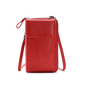 Red leather phone purse with adjustable strap and front flap pocket, compact crossbody bag for women.