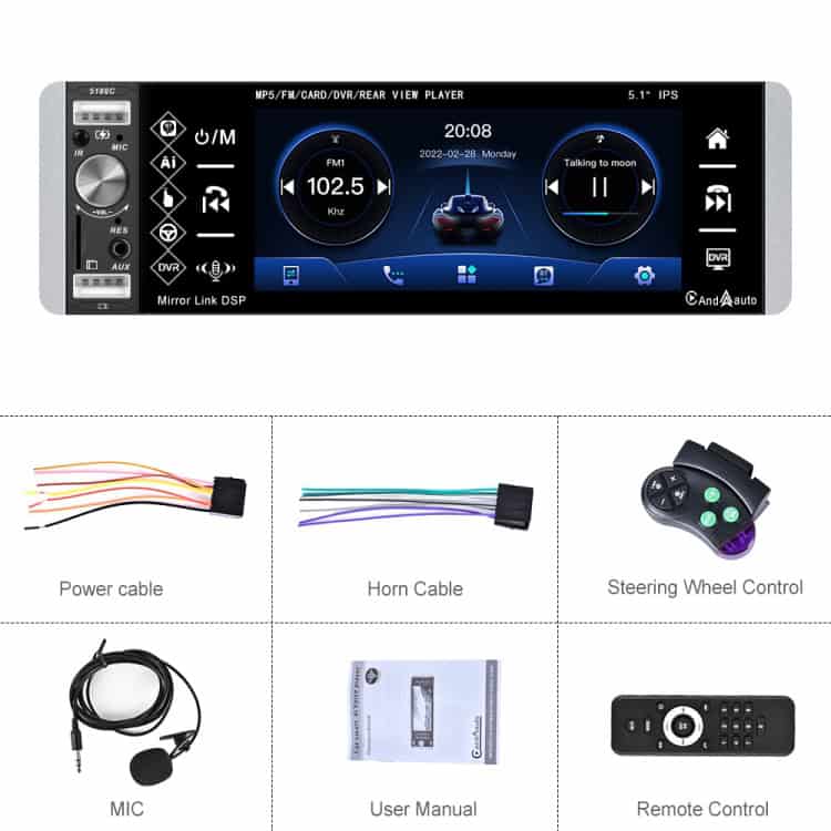 5.1" Single Butt Carplay Player with IPS Screen - Enhanced In-Car Experience 2 Mp5/Fm/Card/Dvr/Rear View Player Touchscreen Display In Car Entertainment System With Bluetooth And Navigation Features.