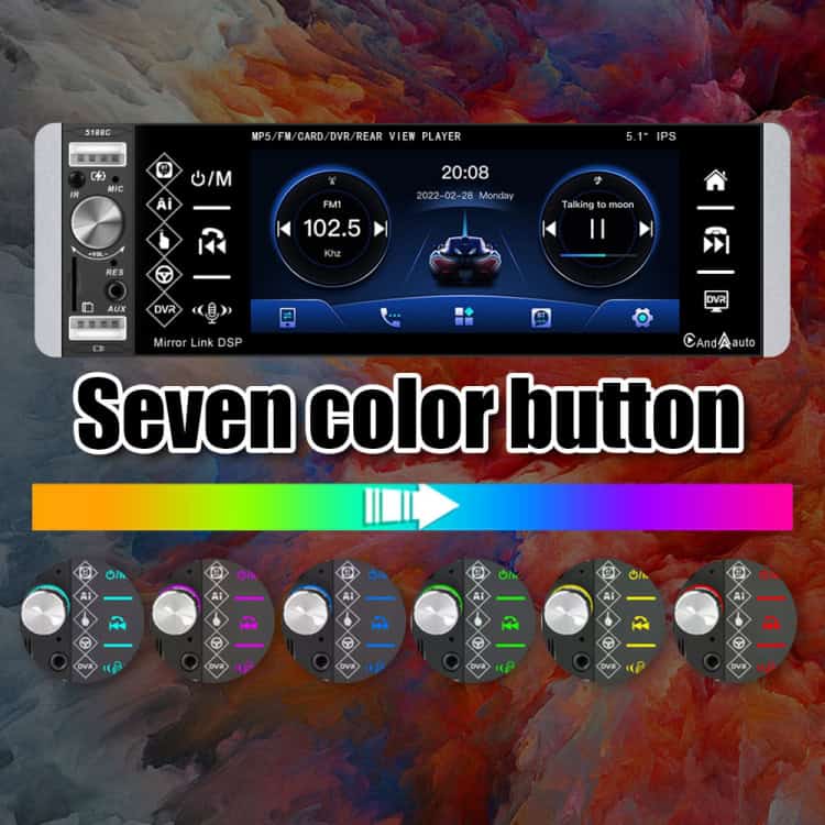 5.1" Single Butt Carplay Player with IPS Screen - Enhanced In-Car Experience 7 Mp3 Player With Seven Color Button Options, Digital Display, And Multimedia Controls, Ideal For Car Audio Systems And Automotive Entertainment, Showcasing Vibrant Lighting Settings For Customization.