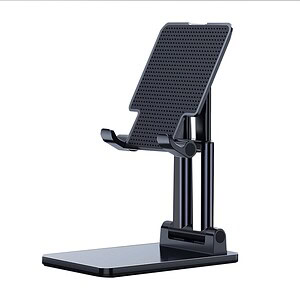 USB phone holder stand with adjustable angle for desk workspace.