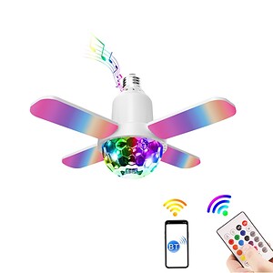 Color-Changing Led Light Bulb With Fan Blades, Smartphone Control, And Colorful Lighting Effects For Home Decor And Smart Lighting Solutions.