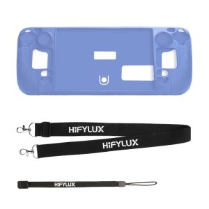 Blue silicone protective case for handheld gaming console, with black HiFiLUX branded lanyards and strap, designed for gaming accessories and equipment protection from Syndmart.