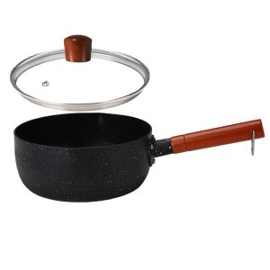Non-stick cookware pan with glass lid, black speckled pot with wooden handle for cooking and kitchen utensils efficiency.