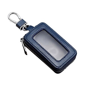 Keychain with transparent ID window, metal clip, and navy leather-like material, ideal for holding access cards or keys, perfect for corporate or personal use.