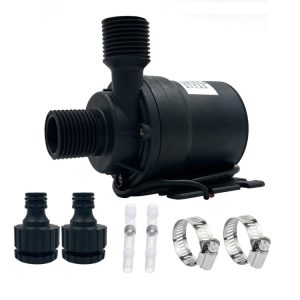 Flexible water pump with hose connectors and clamps for pond, fountain, or aquarium irrigation and water transfer systems.