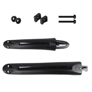 Black bicycle chainstay protector with mounting hardware, screws, and rubber spacers for bike frame protection and noise reduction. Ideal for cycling enthusiasts and bike maintenance.