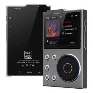 Portable high-fidelity digital music player with LCD screen, playback controls, and Bluetooth connectivity, ideal for audiophile listening and on-the-go music enjoyment.
