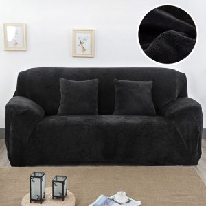 Soft black velvet sofa with matching cushions, modern living room decor, cozy and stylish seating, Syndmart luxury furniture, high-quality plush fabric.