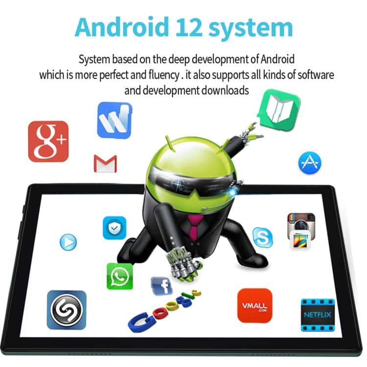 Android 12.0 Octa Core Dual SIM Phone with EU Plug - Powerful Performance 8 Android 12 System Logo On A Digital Tablet With App Icons, Illustrating The Latest Android Os Features And Software Compatibility.