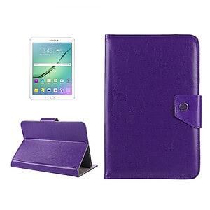 Purple leather tablet case with stand feature and magnetic closure for Samsung Galaxy Tab; stylish and functional accessories for tech protection and organization.