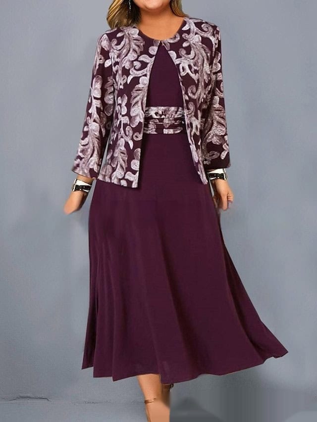 Chic Sleeveless Printed Dress with Short Coat Set - Casual Fashion Ensemble 3 Elegant Purple Dress And Floral Blazer For Women, Suitable For Formal Occasions And Office Wear, Stylish And Comfortable, Perfect For Professional And Special Events.