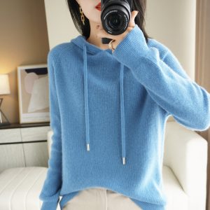 Soft Blue Hoodie Sweater With Drawstring Hood, Casual And Comfortable Fashion For Women, Perfect For Stylish Winter And Fall Wear.