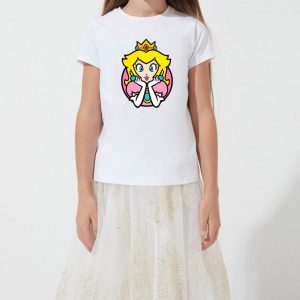 Bright white girls' T-shirt featuring a colorful Princess Peach cartoon graphic, perfect for kids' casual wear and themed outfit ideas.