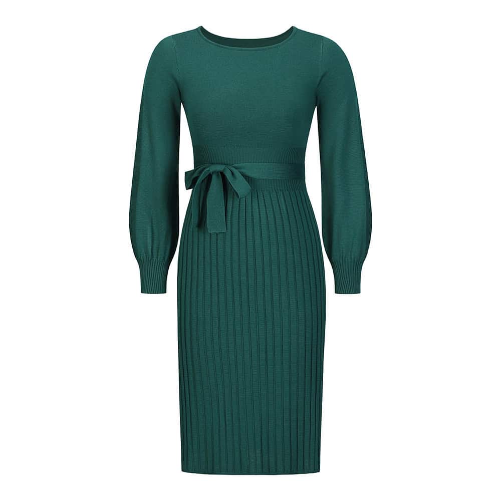 Chic Personality Bottoming Dress – Make a Stylish Statement! 4 Knitted Teal Midi Dress With Long Puff Sleeves And Waist Tie, Perfect For Stylish Office Wear Or Elegant Casual Outings. Crafted From Comfortable, High-Quality Fabric.