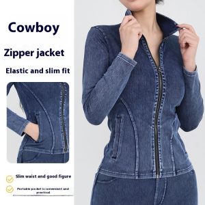 Zipper denim jacket for women, slim fit and stylish, perfect for casual wear. Features elasticized waist, slim silhouette, and convenient pockets, ideal for versatile fashion and comfort.