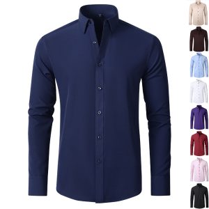 Navy Blue Long Sleeve Dress Shirt With A Button-Down Collar And Front Buttons.