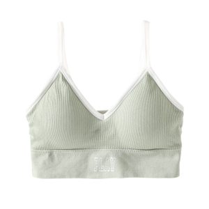 Soft green sports bra with white trim, breathable ribbed fabric, and "PLAY" embroidered band, ideal for activewear and workout clothing.
