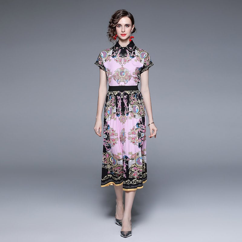 Elegant Bat Sleeve Shirt & Pleated Long Skirt Set - Chic Ensemble 2 Vibrant Floral Midi Dress With Intricate Embroidery, Elegant Design, Perfect For Stylish Occasions And Events.