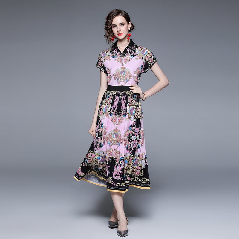 Elegant Bat Sleeve Shirt & Pleated Long Skirt Set - Chic Ensemble 4 Elegant Floral Printed Maxi Dress With Intricate Patterns, Short Sleeves, And A Stylish Collar, Perfect For Fashionable Summer Wear And Special Occasions.